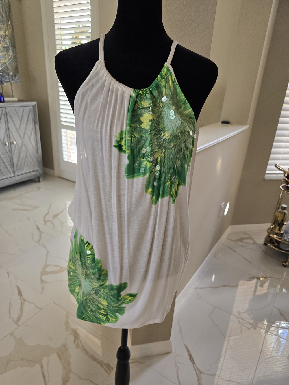 INC International Concepts White Camisole with Green Floral Sequin Accents